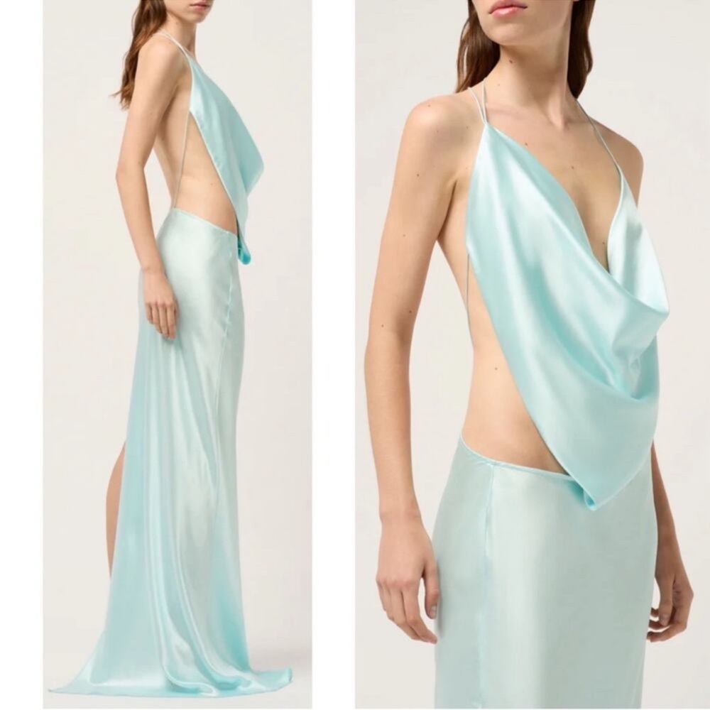 MICHAEL LO SORDO Iced Bias Draped Asymmetric Silk Maxi Dress in Blue Size 2 - Picture 4 of 11